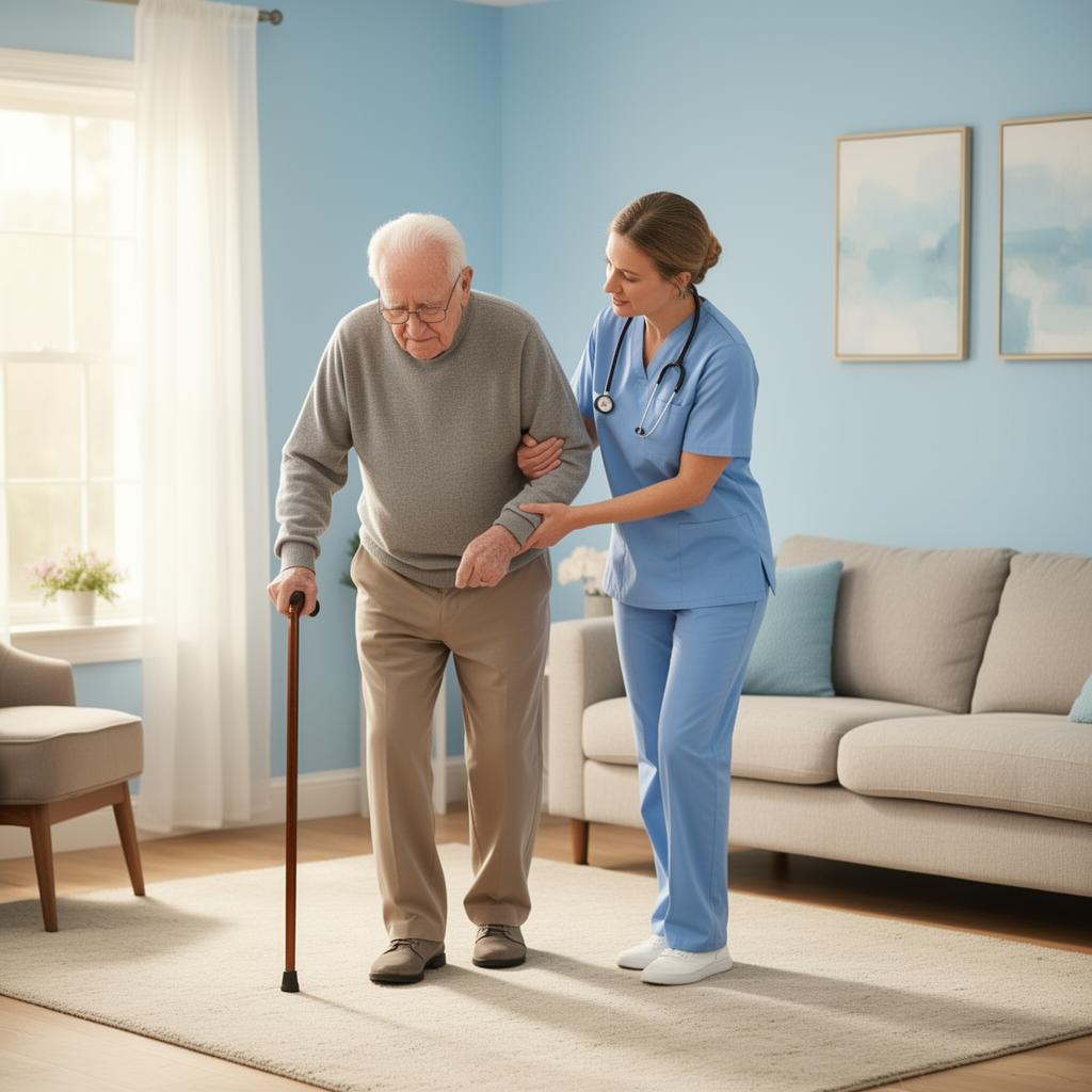 Caregiver providing mobility support to an elderly man at home in the Pacific Northwest
