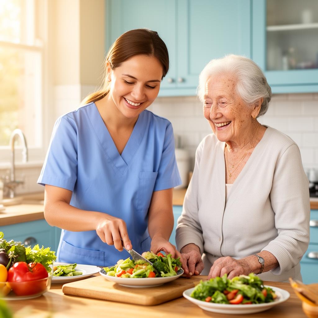 Home care provider preparing a nutritious meal with a senior client in the Pacific Northwest